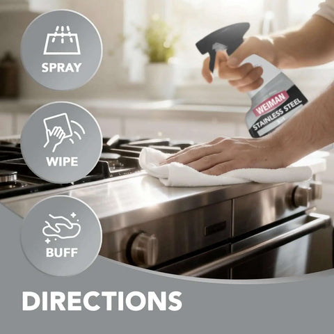 Person using Stainless Steel Cleaner And Polish Kit, 2 Pack With Anti Fingerprint Spray And Microfiber Cloths on appliance.