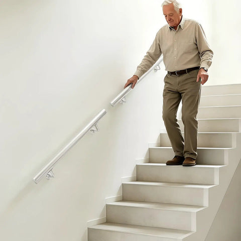 Elderly man using Heavy Duty Stainless Steel Wall Mount Stair Handrail Boasting a Rock Solid Grip and Legit Two Hundred Pound Capacity for Indoor Outdoor Steps That Will Not Mess Around while walking down stairs.