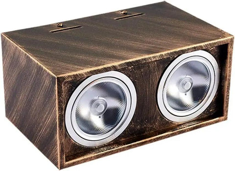iumLeap Recessed Lighting Housing Trim Kits Wall Mounted Downlights Square Spotlights Led Ceiling Light Ceiling Double Head Light s Retro Vintage Downlight 360°, White Light_7w, dual LED spotlight in brown wooden housing.