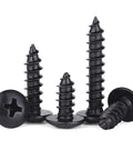 Assorted M3 Screw Kit With Slick Black Oxide Finish Badass Truss Head Phillips Self Tapping Fasteners For Dang Tough Wood Projects And Solid Steel Frames 125 Pcs, displaying various sizes of black oxide screws.