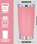 20 Ounce Stainless Steel Tumbler With Secure Lid Pink Insulated Coffee Cup displaying measurements and weight, cup holder friendly.