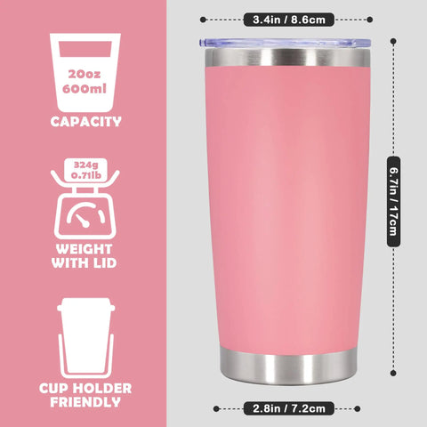 20 Ounce Stainless Steel Tumbler With Secure Lid Pink Insulated Coffee Cup displaying measurements and weight, cup holder friendly.