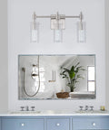 3 Light Brushed Nickel LED Vanity Light With Crystal Bubble Glass And Clear Glass Shades, 24 Inch Modern Bathroom Fixture Over Mirror