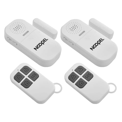 Two Pack Door Alarms For Kids Safety With 130dB Window Sensor Alarm And Remote, 2 In 1 Alarm And Chime, shown with two remotes