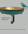 Deck Mounted Bird Bath For Outdoors 11 Inch Green And Bronze Metal Bird Bath Bowl With Large Steel Clamp For Railing