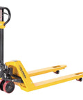 Global Industrial pallet jack, yellow manual warehouse pallet truck with black handle and red wheels, side view