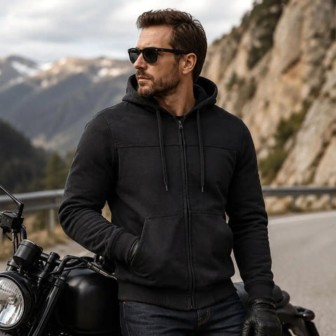 Streetguard Riding Hoodie With Aramid Armor And CE Shoulder Elbow Protection, Heavy-Duty Denim Blend, Black, XXL Size