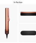 Airstrait Wet To Dry Hair Straightener With No Heat Damage And No Hot Plates in box, side and top view shown.