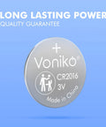 Trusted CR2016 3V Lithium Button Batteries 5 Pack, close-up of a round battery with quality guarantee details.