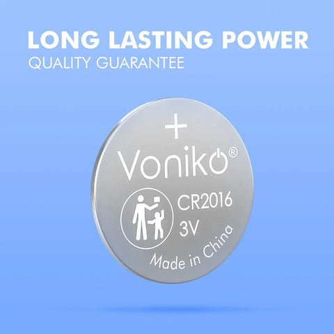 Trusted CR2016 3V Lithium Button Batteries 5 Pack, close-up of a round battery with quality guarantee details.