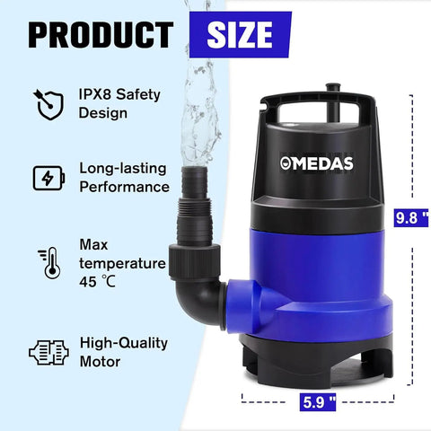 1HP 3434 GPH Submersible Sump Pump For Clean Or Dirty Water Portable Utility Pump With 16 Foot Cord Ideal For Pool Garden