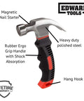 Small Claw Hammer 8 Oz With Magnetic Nail Starter Polished Steel Head And Ergonomic Rubber Grip Handle For Home DIY Camping Kids Tent Stakes And Easy Nail Removal shown with features labeled