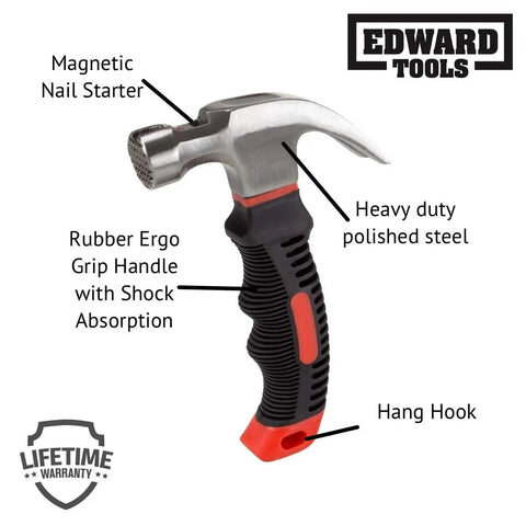 Small Claw Hammer 8 Oz With Magnetic Nail Starter Polished Steel Head And Ergonomic Rubber Grip Handle For Home DIY Camping Kids Tent Stakes And Easy Nail Removal shown with features labeled