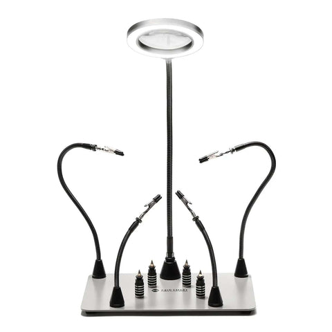 Magnetic Helping Hands Soldering Station With Large 11.1x7.1 Inch Base, 5X LED Magnifying Lamp, 4 PCB Holders And Flexible Magnetic Arms