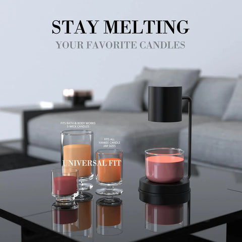 Candle warmer on a table with multiple candles, emphasizing universal fit for various sizes, black design in a modern living room setting.