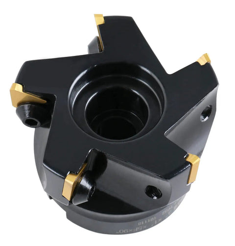 Close-up of a 3 Inch Indexable Face Milling Cutter with 90 Degree Positive Rake, Right Hand Cut, Black Oxide Finish, with inserts visible.