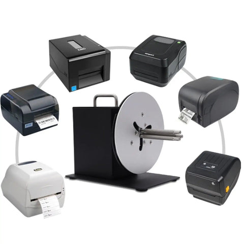 Automatic Label Winder And Rewinder with multiple printers for 1 to 3 inch cores, 100mm axle width, coreless option visible