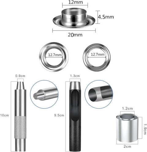 Diagram of Half Inch Grommet Tool Kit With 100 Grommet Eyelets And Punch Silver Metal Grommets For Fabric Leather And Canvas DIY Projects