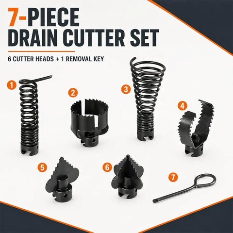 7-Piece Drain Cleaning Cutter Head Kit Featuring Thick Steel Coils And Notched Cutters Built To Crush Stubborn Clogs on a standard thirty millimeter sectional cable.