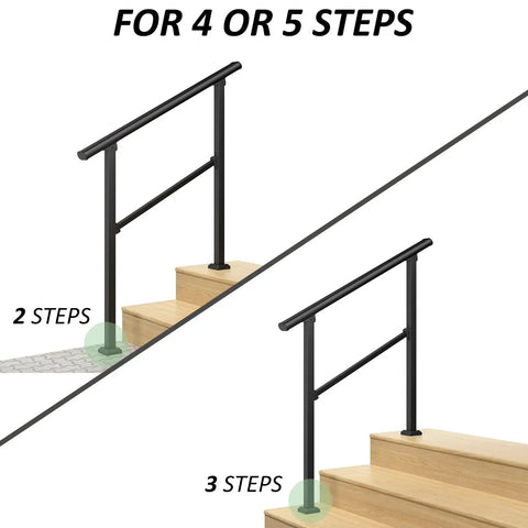 Heavy Duty 3 Step Handrails For Outdoor Front Porch Stairs Durable Safety Guardrail with solid grip, shown for 2 and 3 steps.