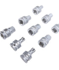 Pro Shop Grade Three Quarter Inch Drive Impact Hex Driver Socket Set Built Like A Beast With Chrome Moly Steel Includes Nine Pieces 14mm To 24mm Plus M16 M18 Spline Bits For Rig Ready Truck Hub Axle Service, showing chrome sockets.