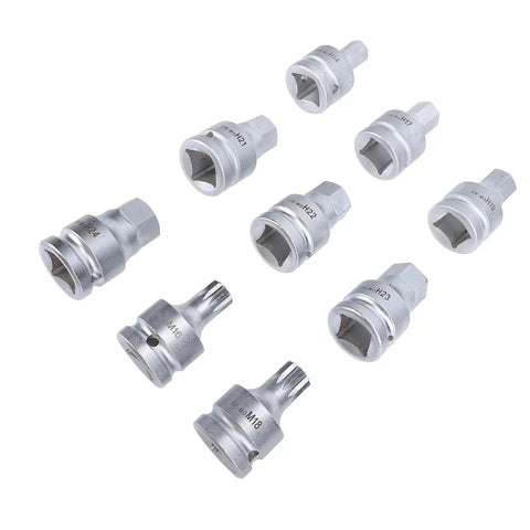 Kickass 3 4 Inch Drive Impact Hex Driver Set Crafted From Cr Mo Steel With Bulletproof Grip Featuring M16 M18 Spline Bits Plus 14Mm To 24Mm Sizes For Hustling Mechanics Heavy Duty Truck Service - nine hex driver bits in various sizes.