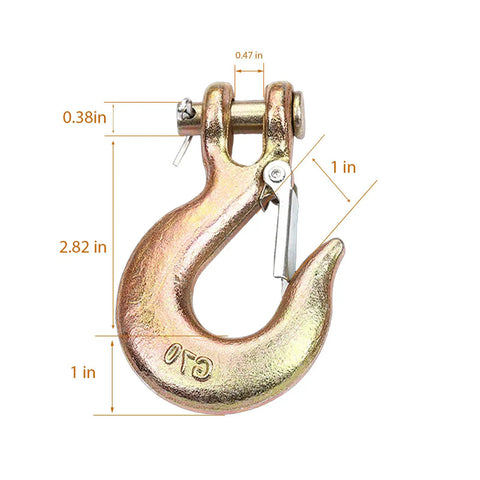 Badass Rock Solid Four Pack Of 5/16 Inch G70 Clevis Slip Chain Hook With Latch Forged Steel Heavy Duty trailer hook dimensions.