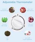 Adjustable thermometer of Solid 3.2 Cu Ft Upright Mini Freezer showing temperature ranges for various foods in fresh silver.