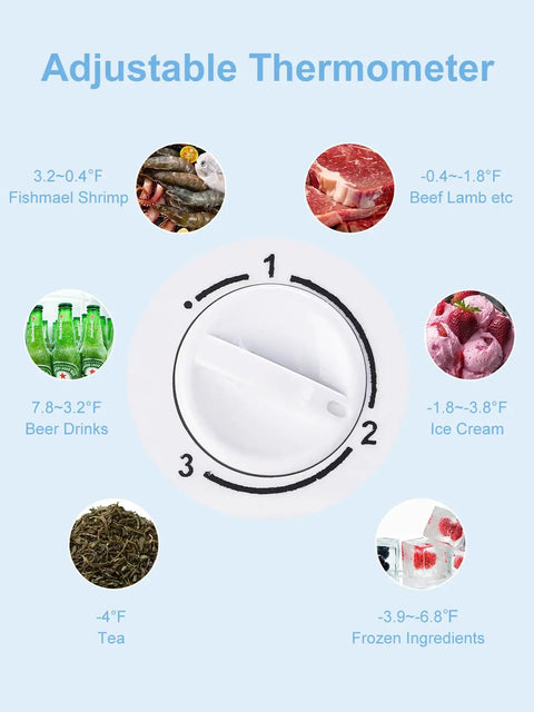 Adjustable thermometer of Solid 3.2 Cu Ft Upright Mini Freezer showing temperature ranges for various foods in fresh silver.