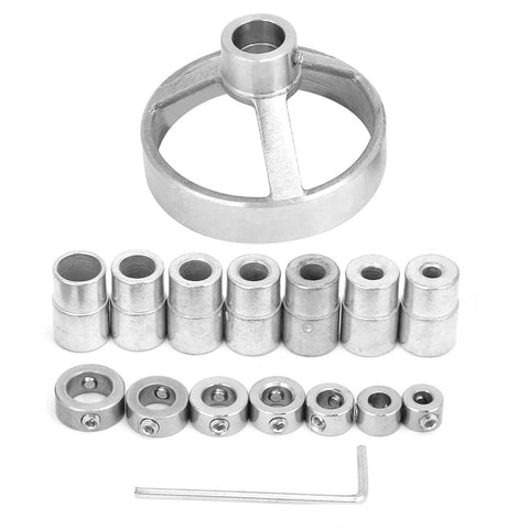 16 Piece Woodworking Drill Guide Set With Vertical Drilling Fixture And Hole Puncher Locator For Precise Carpentry, Heavy Duty Steel Jig displayed