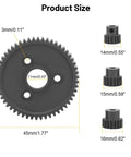 Dimensions of the 54T 0.8 Pitch Spur Gear and 15T 17T 19T Pinions for Traxxas Slash 4x4 gear set with specs.