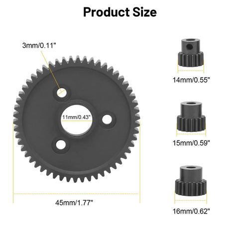 Dimensions of the 54T 0.8 Pitch Spur Gear and 15T 17T 19T Pinions for Traxxas Slash 4x4 gear set with specs.