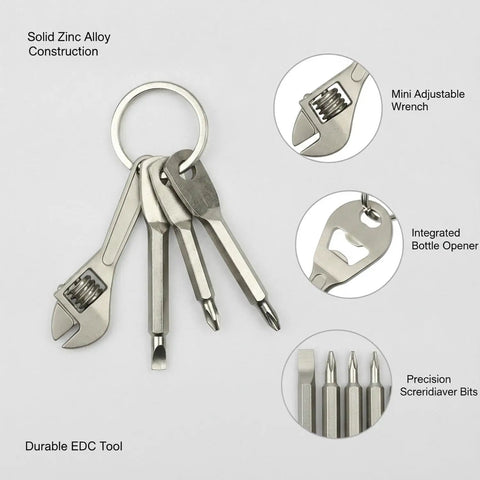 Go To Everyday Carry Keychain Multitool With Bottle Opener And Mini Wrench, durable zinc alloy, silver finish, multiple tool attachments
