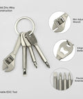 Compact Silver Keychain Multitool With Bottle Opener And Wrench For EDC Zinc Alloy Build ultra durable everyday carry tool shown with features