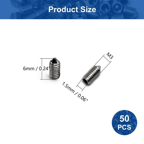 50 Pack M3 x 6mm Set Screws In 304 Stainless Steel With Internal Hex Allen Head Drive Cup Point And Cone Point Socket Grub Screws