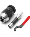 Beefy Precision Keyless Drill Chuck With R8 Shank For 1/32 To 5/8 Inch Bits B18 Fit Heavy Duty Steel 0.005 Inch Runout shown with shank and wrench