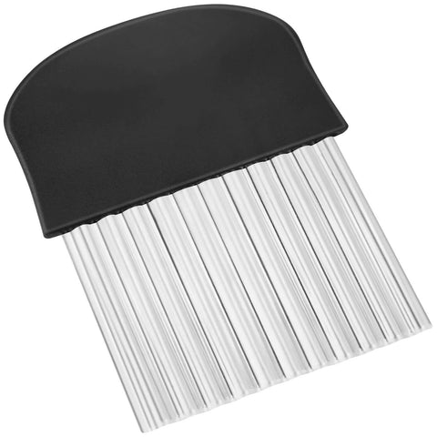 Close-up of a large stainless steel crinkle cutter with ribbed blades and black ergonomic handle.