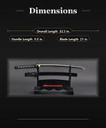 Wakizashi Iaito For Iaido Practice, 21 Inch Unsharpened Stainless Steel Blade, displayed on stand with length dimensions