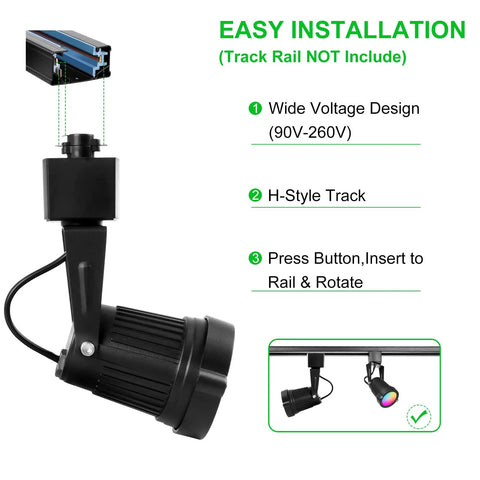 Black 12W RGB LED track lighting head with installation guide, highlighting wide voltage design and H-style track compatibility.