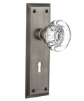 New York Plate With Keyhole Round Clear Crystal Glass Knob, Double Dummy In Antique Pewter, Vintage Style, Traditional Interior Door Mount