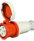 Built Like a Tank 100 Amp Pin and Sleeve Electrical Connector 4 Wire Power Plug 125 250 Volt IP67 Waterproof Grounded Coupler Heavy Duty Industrial Orange with cap open