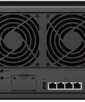 Badass Network Attached Storage Featuring Raw Ryzen Processing Power And Thirty Two Gigabytes Memory Plus Twenty Terabyte Solid State Drive rear view with ports and cooling vents.