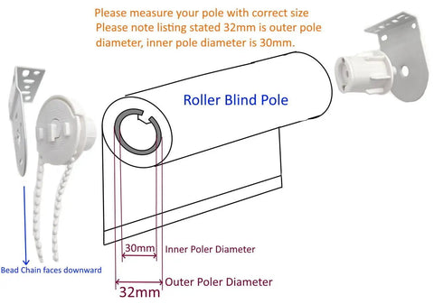 Diagram showing White Durable 32mm Metal Roller Blind Mounting Brackets With Bead Chain Replacement Repair Kit dimensions.