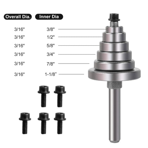 Seven Piece Router Bit Bearing Replacement Set For DIYers And Pros with 3/16 In Inner Diameter shown with set screws