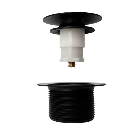 Dope Matte Black Tip Toe Bathtub Drain Stopper With Mushroom Overflow Faceplate One Half Inch Coarse Thread For Hella Smooth Step Control And Tight Fit Badass Zinc Hardware 50 Pack view of black drain stopper with white connector and threaded base.