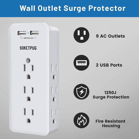 Must Have USB Wall Charger And Surge Protector With Nine AC Outlets And Two USB Ports, Slim 1875W Power Strip, 1250J Protection