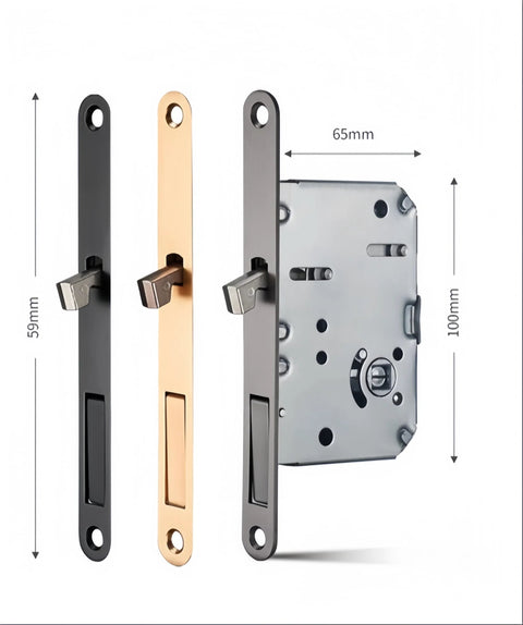 Concealed Edge Pull Pocket Door Lock With Privacy Function For Recessed Sliding Doors Fits Doors With Thickness From One And A Half To Nearly Two Inches Matte Black Rectangle Mortise Lock And Hidden Pull Handle For Seamless Operation