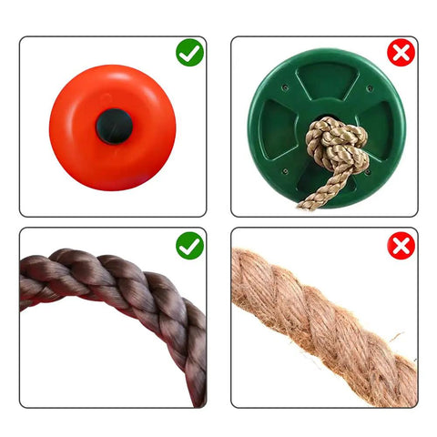 Comparison of red plate swing and green disc with rope for 6.56 Foot Climbing Rope Swing With Treads And Plate Swing Hanging Kit.