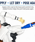 Action Figure Joint Reinforcement Glue Pen applying to a white articulated figure's elbow joint for tightening.
