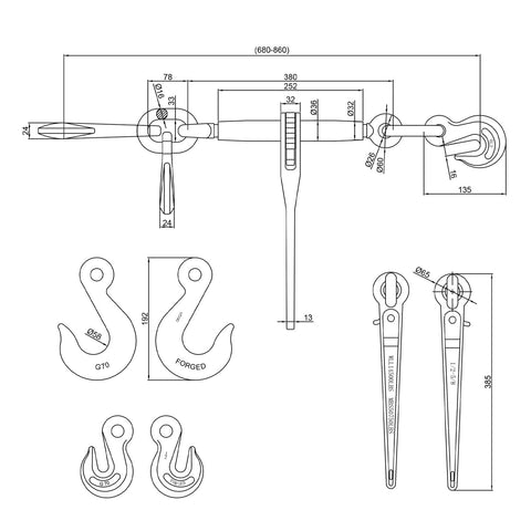 Technical diagram of Two Pack Ratchet Load Binder Set 3/8 To 1/2 Inch With 1/2 Inch Grab And Slip Hooks and specifications